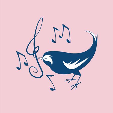 Cute vector cartoon singing black bird with music notation.のイラスト素材