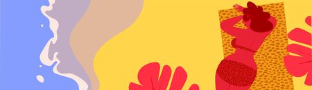 Colorful vector banner of a woman sunbathing in a tropical beach.のイラスト素材