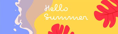 Colorful summer vector banner of a beach with tropical leaves.のイラスト素材