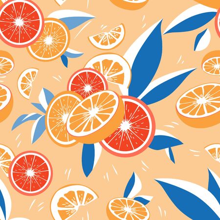 Orange seamless vector pattern of an explosion of fresh citrus fruits.のイラスト素材