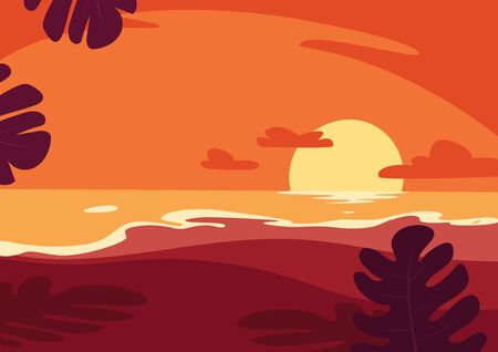 Orange sunset at a tropical beach. Summer vector illustration.のイラスト素材