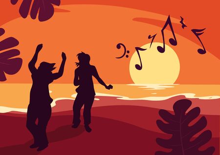 Silhouettes of young people dance at orange sunset party on a tropical beach. Summer vector illustration.のイラスト素材