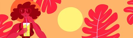 Colorful vector banner of a sunny sky and a woman drinking a fresh drink.のイラスト素材