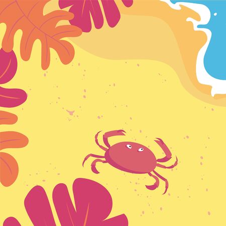 Vector illustration of a tropical beach shoreline with a cute crab on the sand.のイラスト素材