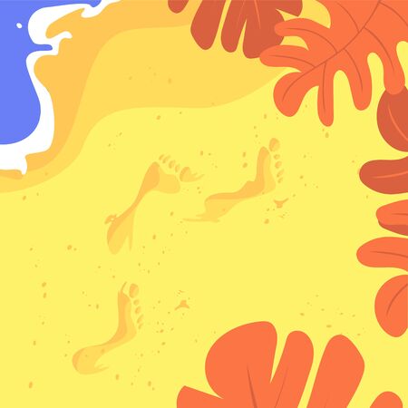 Vector illustration of a tropical beach shoreline with footprints on the sand.のイラスト素材