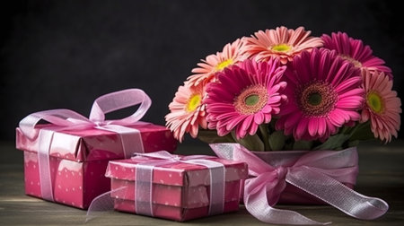 Pink gerbera flowers with gift boxes on dark background. Valentines day conceptの素材