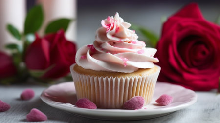 Cupcake with pink buttercream frosting and roses on the backgroundの素材