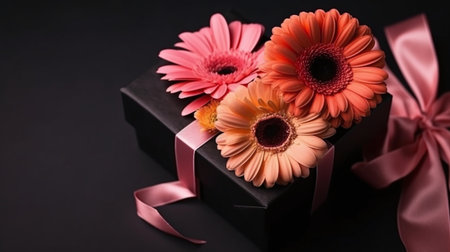 beautiful gerbera flowers and black gift box on black backgroundの素材