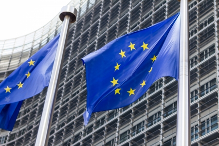 EU Commission building Europe Flags in Brussels