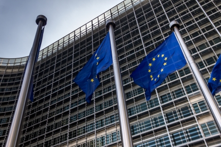 EU Commission building Europe Flags in Brussels