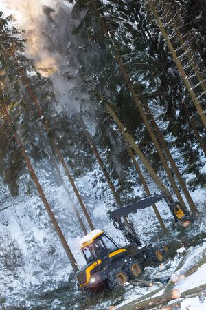 modern forestry machine in a winter forestの写真素材
