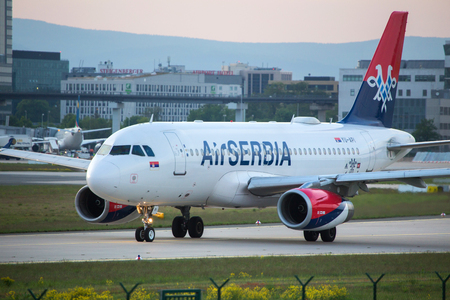 frankfurt, hesse/germany - 29 04 18: air serbia airplane at frankfurt airport germanyのeditorial素材