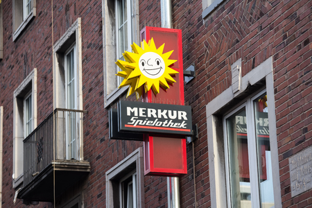 aachen, North Rhine-Westphalia/germany - 06 11 18: merkur spielothek sign in aachen germanyのeditorial素材