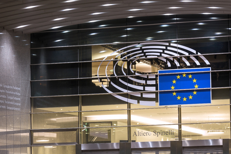 european parliament brussels belgium at nightのeditorial素材