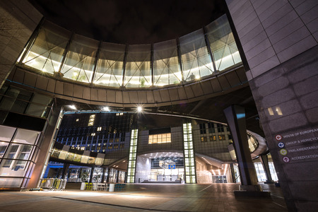 european parliament brussels belgium at nightのeditorial素材