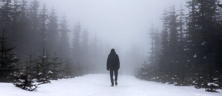 wanderer in an foggy winter landscape panoramaの写真素材