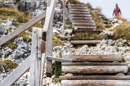easy climbing route installation in the mountainsの写真素材