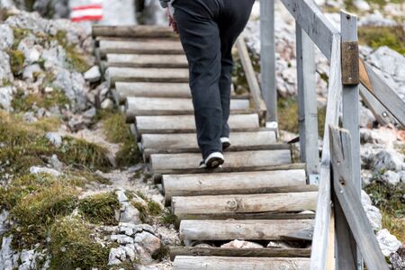 easy climbing route installation in the mountainsの写真素材