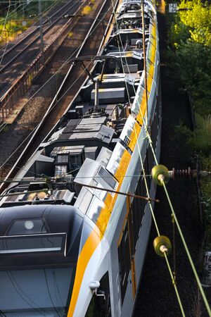 a passenger train on an high voltage overhead line