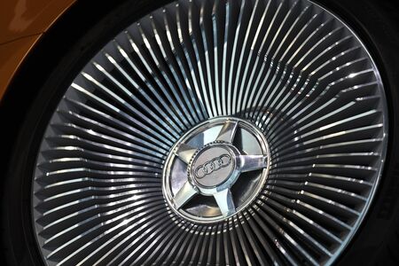 ingolstadt, bavaria/germany - 20 11 19: a modern audi car wheel logo close up in ingolstadt germanyのeditorial素材
