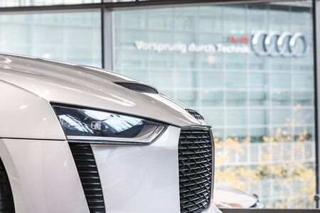 ingolstadt, bavaria/germany - 20 11 19: a modern audi car in front of the audi car factory in ingolstadt germanyのeditorial素材