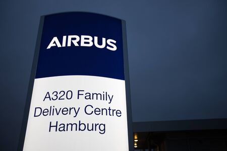 finkenwerder, hamburg/germany - 03 01 2020: an airbus sign at night at the factory and airport finkenwerder hamburg germanyのeditorial素材