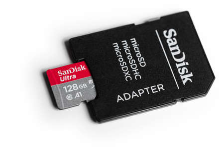 freudenberg, North Rhine-Westphalia/germany - 04 05 2020: sandisk micro sdxc card with adapter in freudenberg germanyのeditorial素材