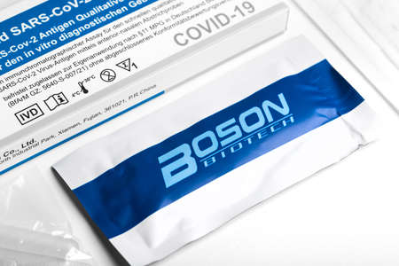 siegen, north rhine westphalia, germany - 05 04 2021: a xiamen boson biotech covid-19 antigen test...