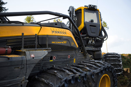 siegen, north rhine westphalia / germany - 27 07 2021: a modern ponsse forest harvester panoramaのeditorial素材