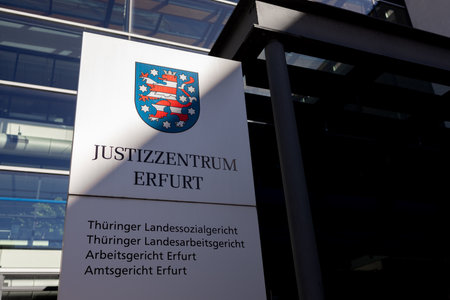 Erfurt, Thuringia, Germany - 05 09 2023: a sign of the Justice Center Erfurtのeditorial素材