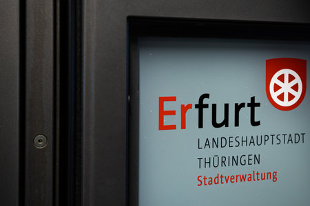 Erfurt, Thuringia, Germany - 05 09 2023: a sign of Erfurt city in Germanyのeditorial素材