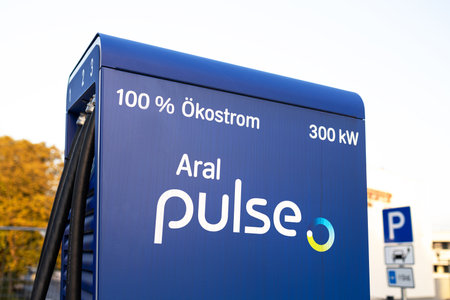 kreuztal, nrw, germany - 10 09 2023: a new aral pulse electric car charging column systemのeditorial素材