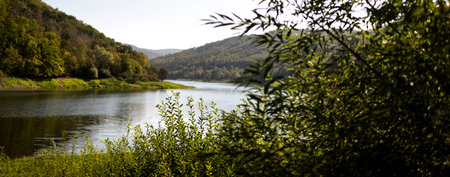 the german edersee lake as panoramaの写真素材