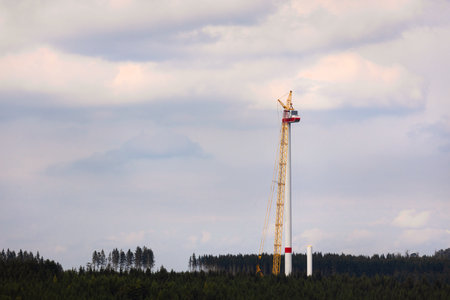 a wind turbine construction site in a forestの写真素材
