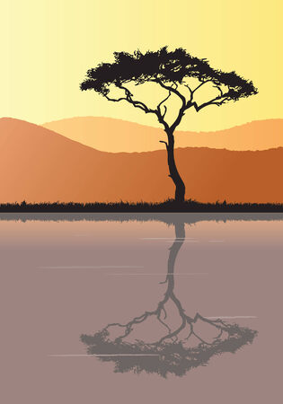 Silhouette of a tree at sunset. It's reflection can be seen in the water.のイラスト素材