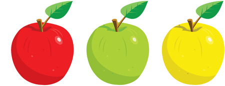 Three apples, red, green and yellow with a leaf.のイラスト素材