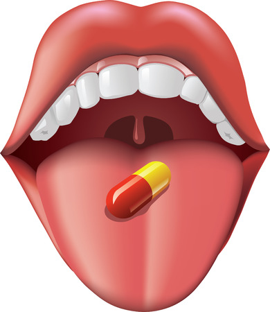 A red and yellow pill on a human tongue ready to be swallowed. のイラスト素材