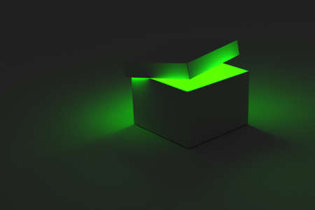 A 3D rendering of a single box with the lid partially open revealing a glowing light coming from inside.の写真素材