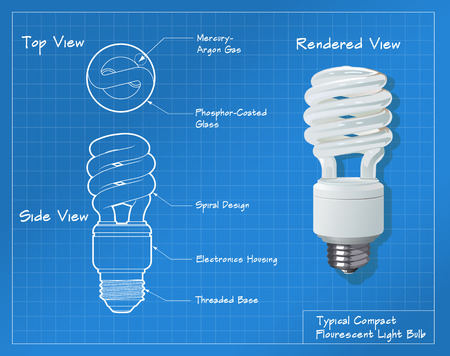 Technical drawing of a small compact fluorescent light bulb. All paths have been converted to shapes. Layer-separated.のイラスト素材