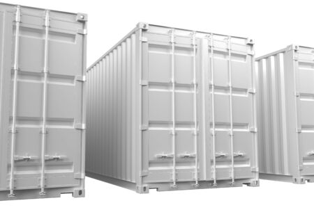 3D renderings of white ISO shipping containers on a white background.