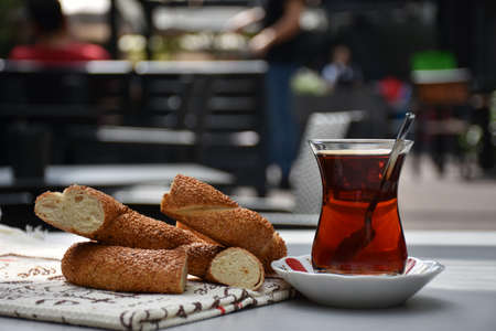 Traditional black Turkish tea and turkish bagelの写真素材