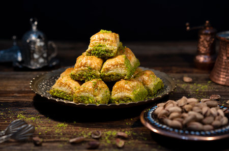 Traditional Turkish Ramadan dessert - baklava with pistachios (Turkish: fistikli baklava). Eid mubarak. Ramazan bayrami. Ramadan kareem.の写真素材