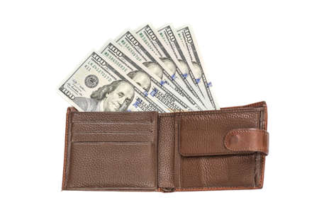 Men's brown leather wallet (purse) with cash money (dollar bills) isolated on white background