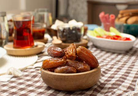 Middle Eastern traditional breakfast during Ramadan fasting (aka: Sahur or Suhoor). Date fruit for dinner or iftar. Ramadan background. Ramadan kareem.の写真素材