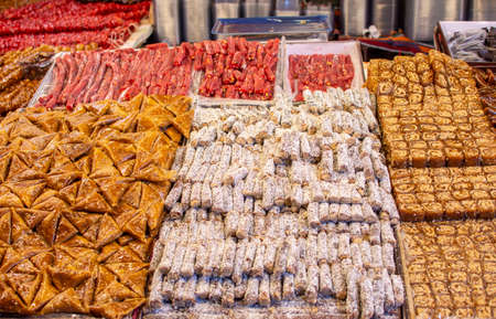 Traditionat turkish delight on the market. Middle Eastern desserts for iftar.の写真素材