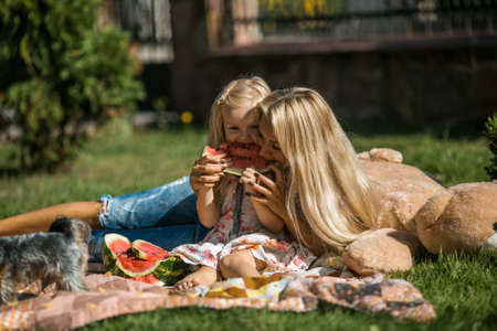 Mother with kids have fun on the grassの写真素材