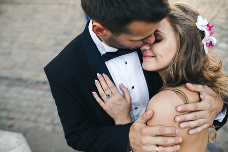 Lovely couple hugging in gorode. Europe.の写真素材