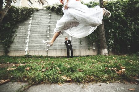 beautiful couple walking and having fun in the cityの写真素材