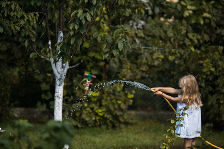 little girl playing with water in the yardの写真素材
