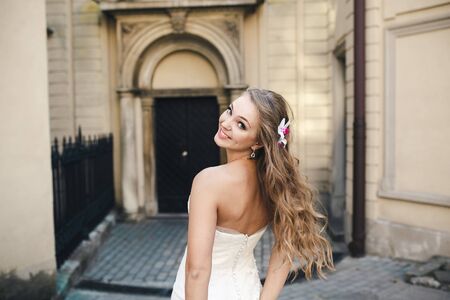 Beautiful bride posing against the backdrop of the ancient churchの写真素材